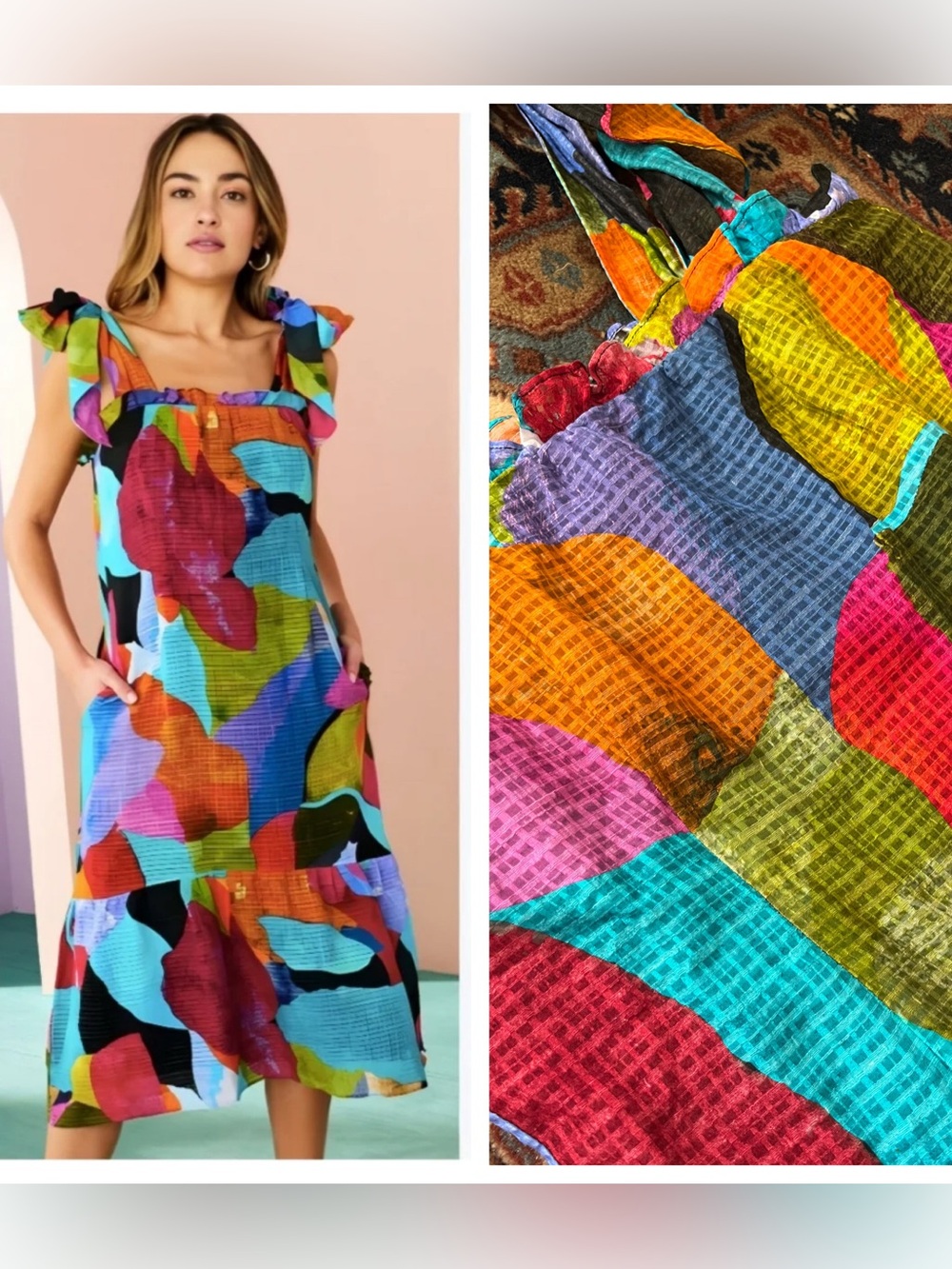 Marie Oliver bright silk linen dress midi abstract painted bows Small